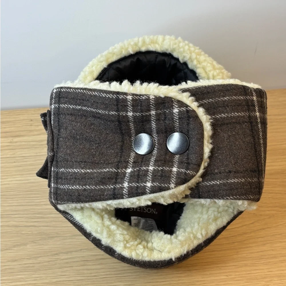 Stetson Plaid Brown and Cream Faux Sherpa Trapper‎ Hat Large